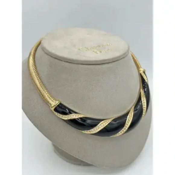 Vintage Dior Necklace Bold Black Enamel Rhinestone Designer Piece - Picture 5 of 14